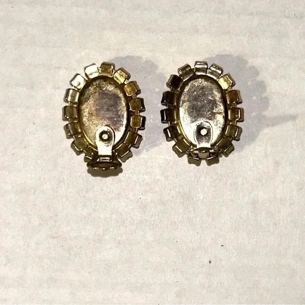 Vtg Smoky Quartz Pink Crystal Rhinestone Earrings Glass Goldtone Oval Clip On - Picture 5 of 10